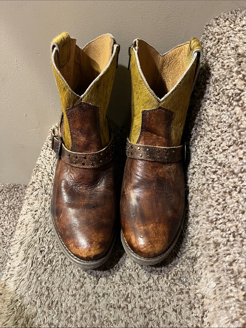 Women's Two-Tone Brown Leather and cowhide Ankle Boots
